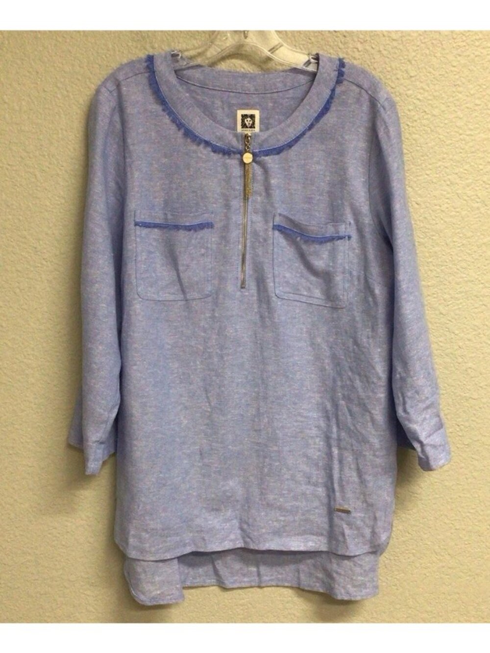 Anne Klein Tunic Shirt Womens Medium Blue Linen Blend Half Zip Roll Tab Top